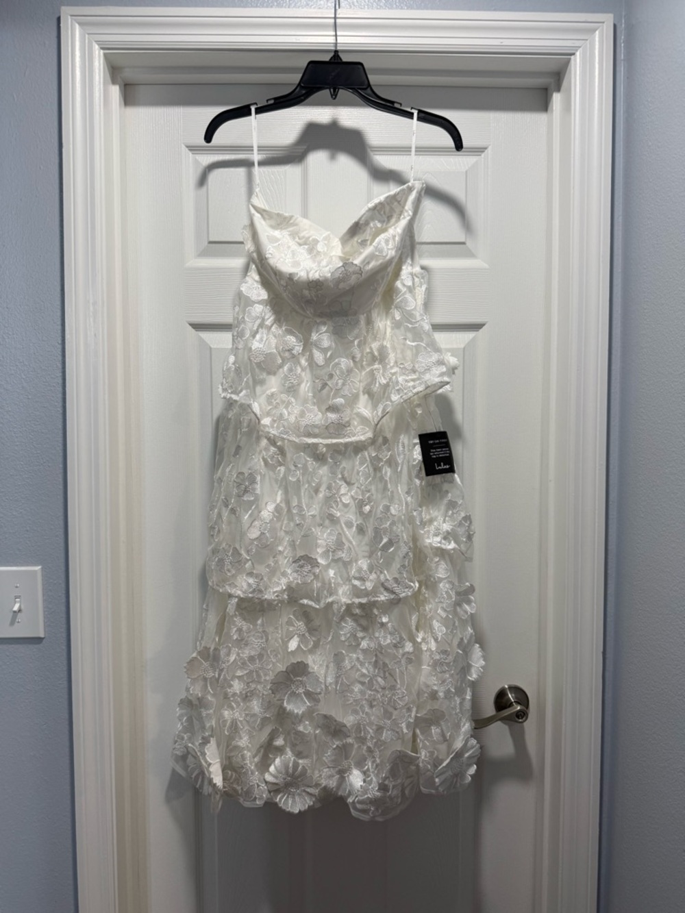 Lulu's White Strapless Floral Lace Tiered Midi Dress - Picture 2 of 2
